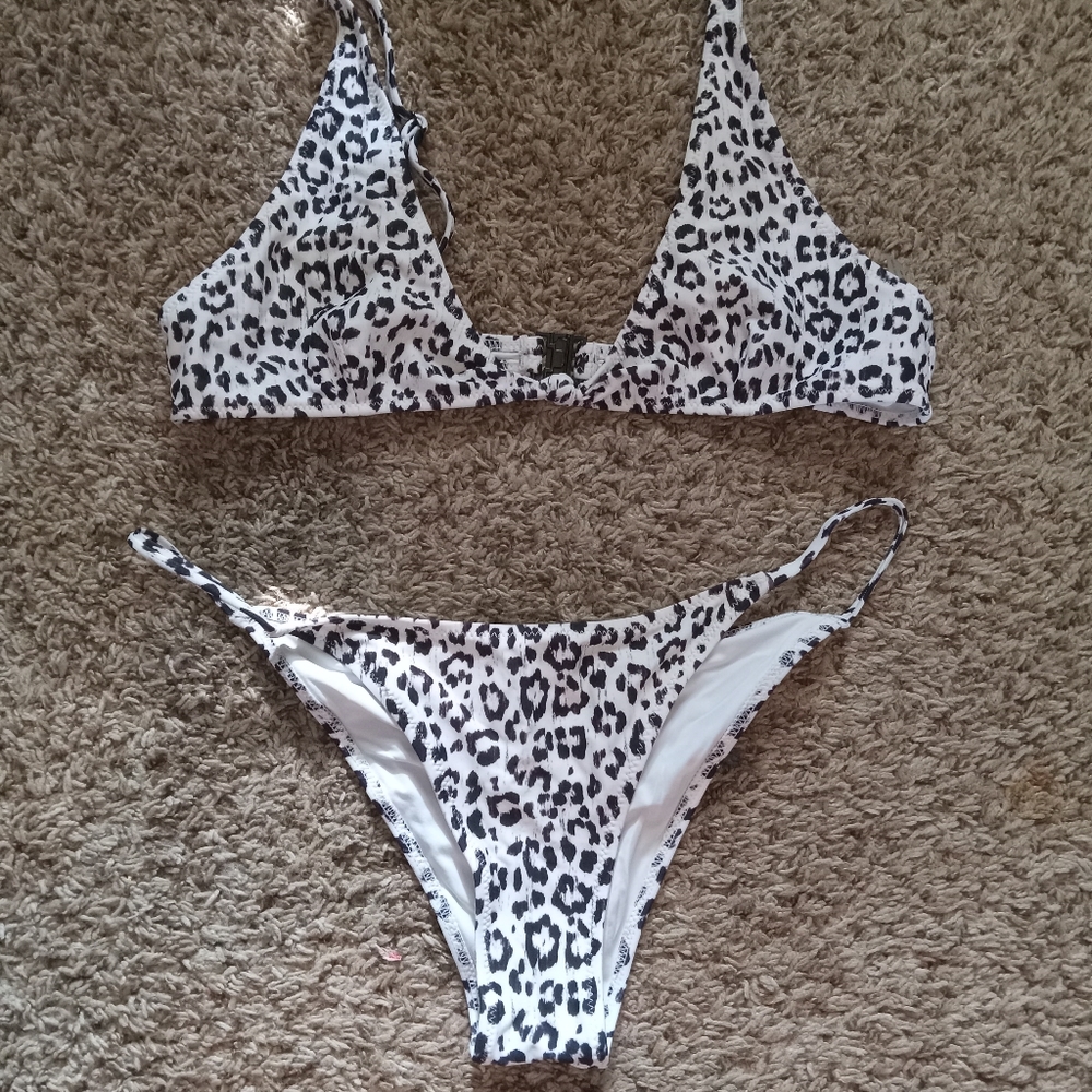 White Fox swimsuit, medium, white cheeta print